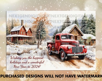 Watercolor Happy Holidays Card, Happy New Year 2023 Card, Watercolor Pickup Truck design