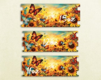 Envoltura para taza con mariposas y girasoles en acuarela, diseño de envoltura para taza de 325 ml, taza de café con girasoles PNG, diseño de sublimación de mariposas, taza envolvente