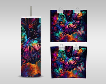 Butterfly Alcohol Ink Tumbler Design | Flowers Butterflies Tumbler Wrap | Bright Neon Butterflies Sublimation Design