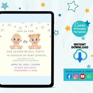 Pink Blue Boy Girl Gender Reveal Invitation Template, He or She, Pastel Blue and Pink, Gender Reveal Neutral Baby Shower