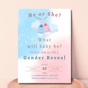 He or She Gender Reveal Invitation Template | Pink Blue Gender Reveal | Watercolor Reveal Invitation | Baby Boy or Girl Gender Reveal Invite