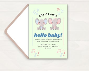Cute Elephant Gender Reveal Invitation Template | He or She Gender Reveal | Elephant Theme Invitation | Boy or Girl Gender Reveal Invite