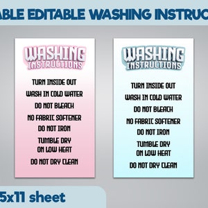 Washing Instructions Card, Shirt Care Card, Clothing Care Instructions, PDF PNG, Small Business Supplies, Ready To Print, Corjl Template