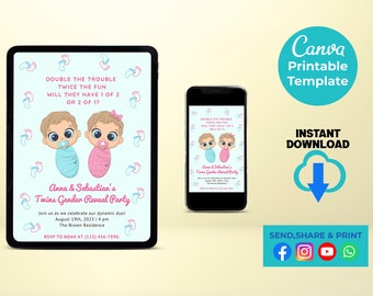 Pink Blue Boy Girl Twins Gender Reveal Invitation Template, Twins Gender Invite, Pastel Blue and Pink, Gender Reveal Neutral Baby Shower