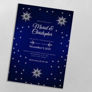 Modèle d'invitation de mariage d'hiver minimaliste, téléchargement de modèle d'invitation de mariage bleu marine, faire-part de mariage d'hiver de flocon de neige