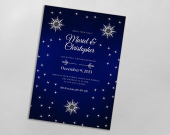 Minimalist Winter Wedding Invitation Template, Navy Blue Wedding Invitation Template Download, Snowflake Winter Wedding Invitation