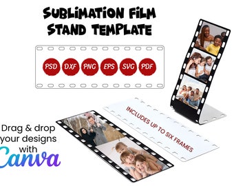May include: A sublimation film stand template with six frames. The template is designed to be used with a sublimation printer. The template is available in PSD, DXF, PNG, EPS, SVG, and PDF formats. Drag and drop your designs with Canva.
