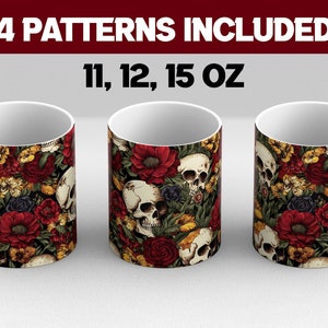 Skulls Flowers 11,12,15 oz Full Wrap Mug Design | Skulls Coffee Cup Design | Coffee Cup Floral Design | Skulls Roses  Mug Wrap