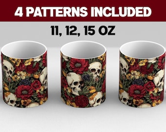 Skulls Flowers 11,12,15 oz Full Wrap Mug Design | Skulls Coffee Cup Design | Coffee Cup Floral Design | Skulls Roses  Mug Wrap