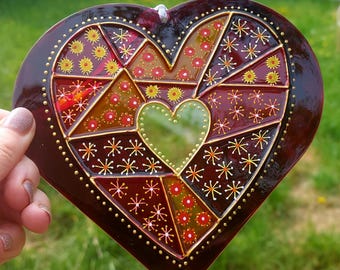 Atrapasueños de corazón de amor de vidrio pintado a mano