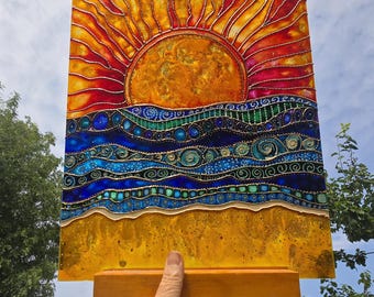 Large Free Standing Sun and Sea Sun Catcher - Hand Painted
