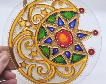 Atrapasueños de luna y estrellas de vidrio pintado a mano