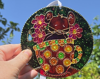 Hand Painted Glass Mouse in tea cup  Sun Catcher
