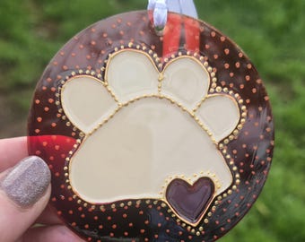 Hand Painted  Red/Orange Paw Print Sun Catcher