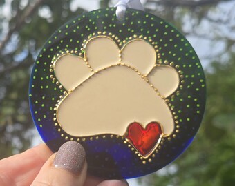 Hand Painted  Blue/Green Paw Print Sun Catcher