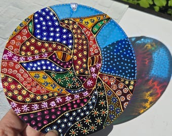 Acrylic Hand Painted Kaleidoscope Cat Sun Catcher.