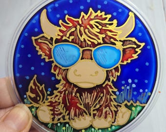 Posavasos pintado a mano con diseño de vaca de las Tierras Altas