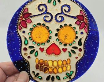 Atrapasueños del Día de los Muertos de vidrio pintado a mano