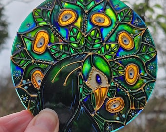 Atrapasueños de pavo real de vidrio pintado a mano