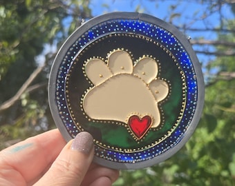 Leaded Glass Blue/Green Paw Print Sun Catcher