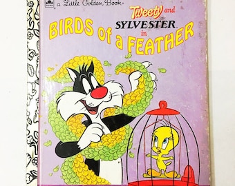 Tweety and Sylvester book Birds of a Feather Little Golden Book FIRST EDITION Children's at home reading Purple vintage Nursery Decor 1992