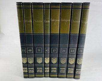 Vintage olive green & black Tolstoy Melville Goethe Shakespeare Chaucer Virgil Dante Britannica Great Books Staging bookshelf decor 1986
