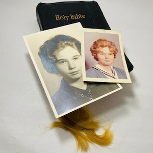 1942 Dishwater Blonde daughter mourning hair and Holy Bible Old & New Testaments black leather Concordance Vintage book Holman King James