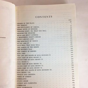 May include: Open book displaying a table of contents. The page lists titles of plays, including "The Tempest," "Twelfth Night," and "King Henry V." The page numbers are listed to the right of each title.