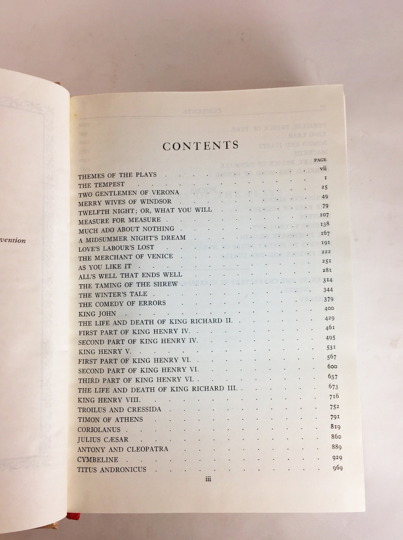 May include: Open book displaying a table of contents. The page lists titles of plays, including "The Tempest," "Twelfth Night," and "King Henry V." The page numbers are listed to the right of each title.