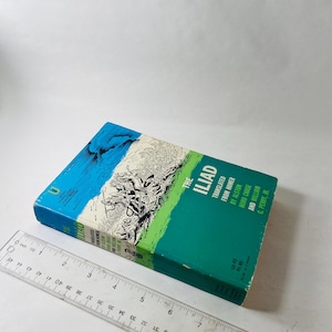 K&ouml;nnte beinhalten: Ein gebundenes Buch mit dem Titel "The Iliad" mit einem t&uuml;rkis-gr&uuml;nen Einband. Der Einband zeigt Illustrationen und Text, einschlie&szlig;lich der Namen der &Uuml;bersetzer. Ein Lineal liegt neben dem Buch.
