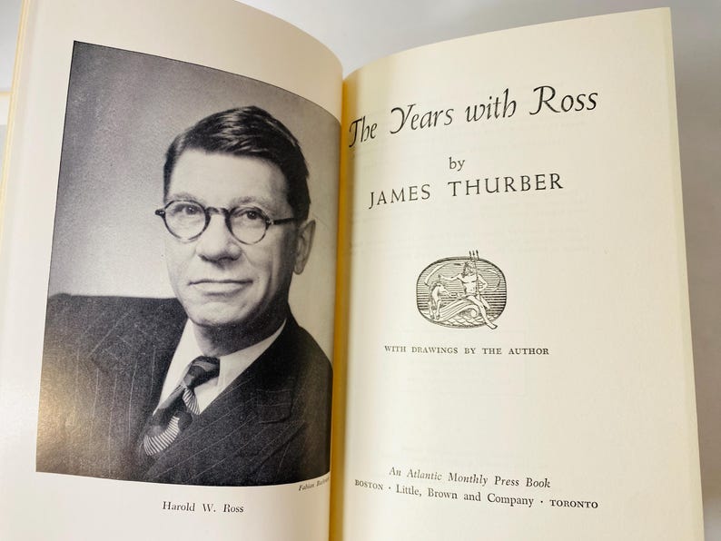 May include: An open book with a black and white portrait of a man in glasses and a suit on the left page. The right page displays the title "The Years with Ross" by James Thurber, with an illustration and text.