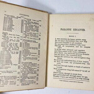 May include: Open antique book with aged, yellowed pages. The left page displays a detailed table of contents, while the right page features the title "PARADISE REGAINED" and the beginning of a poem. The book is open, showing the text.