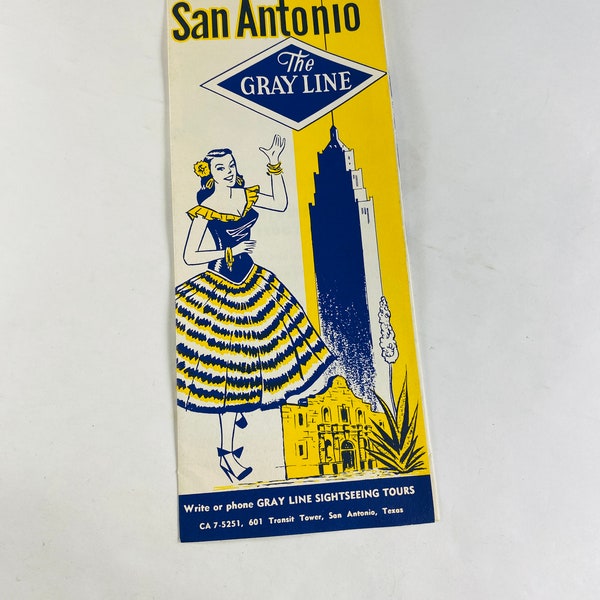 Vintage 1950s San Antonio Texas Gray Line Sightseeing Tour Travel Fold-Out Brochure map Texana collector gift