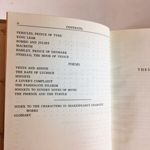 May include: Open book displaying a table of contents. The contents include titles of Shakespeare's plays and poems, such as "Romeo and Juliet" and "Venus and Adonis." The page is cream-colored with black text.