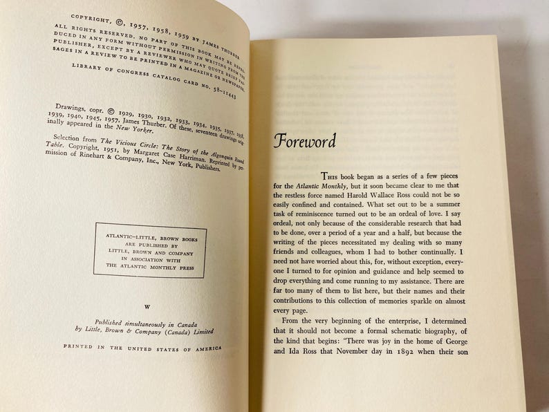 May include: Open book with text on aged paper. The left page lists copyright information and publication details. The right page features the title "Foreword" and body text. The book is from Atlantic-Little, Brown Books.