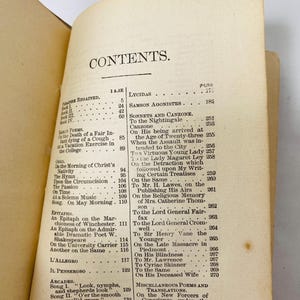 May include: Open book with a detailed table of contents. The title "CONTENTS" is at the top, followed by a list of poems and their page numbers. The pages are aged with a yellowed hue.