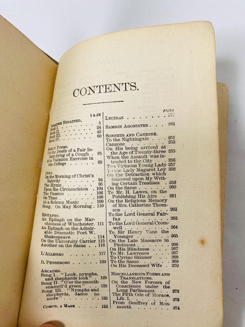 May include: Open book with a detailed table of contents. The title "CONTENTS" is at the top, followed by a list of poems and their page numbers. The pages are aged with a yellowed hue.