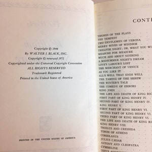 May include: Open book with text from "The Works of William Shakespeare". The copyright page shows "Copyright 1944" and "Copyright renewed 1972". The right page lists the themes of the plays, including "The Tempest" and "Two Gentlemen of Verona".