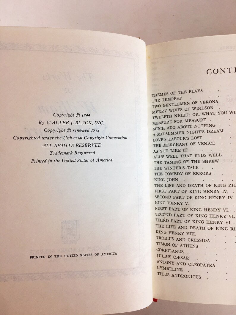 May include: Open book with text from "The Works of William Shakespeare". The copyright page shows "Copyright 1944" and "Copyright renewed 1972". The right page lists the themes of the plays, including "The Tempest" and "Two Gentlemen of Verona".