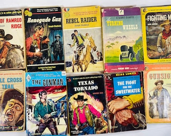 1950s Vintage Western paperback books cowboy stories Chadwick Rebel Raider Renegade Texas Tornado Fighting Man Sweetwater Sunsight