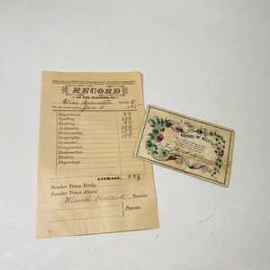 Boletín de calificaciones antiguo circa 1885 Registro manuscrito antiguo Lote de recompensa al mérito de Elias Cranston