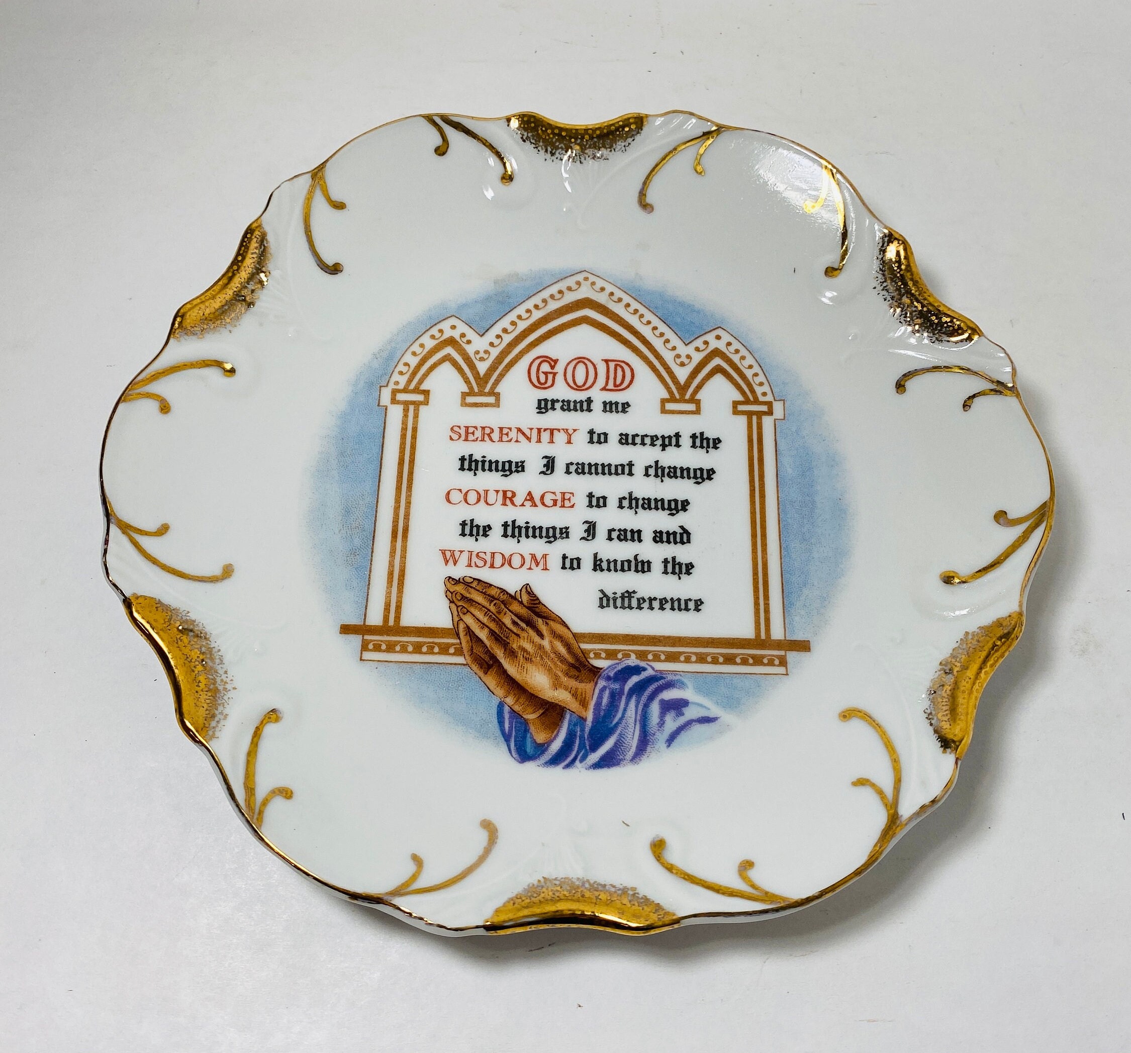 1970s vintage Serenity Prayer AA NA decor 18k gold trim plate made in Japan Sacred Heart Jesus Christmas recovery gift sober Christian