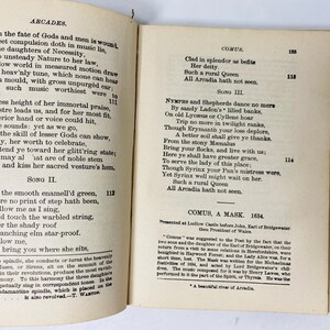 May include: Open book pages with antique text. The left page features the title "ARCADES" and poetry. The right page displays "COMUS" and more text. The pages are aged with visible wear and tear.