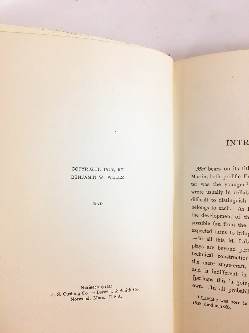 May include: A page from a book with the title "Introduction" and text about the authors, Benjamin W. Wells and M. Labiche. The text includes the copyright date of 1919 and the publisher, Norwood Press.