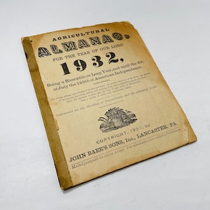 Lancaster Pennsylvania vintage Almanac circa 1932 booklet John Baer&#39;s Sons Agricultural farming history collectible moon sun INCOMPLETE