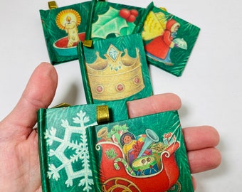 Vintage 1980s Christmas miniature book ornaments Silent Night Santa Claus Angel Children Alcott Stocking stuffer decor