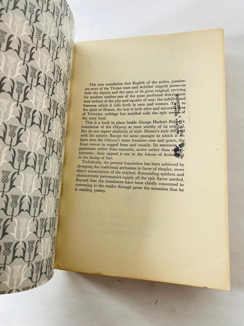 K&ouml;nnte beinhalten: Ein offenes Buch mit Text auf gealtertem Papier. Der Bucheinband zeigt ein sich wiederholendes Muster aus grauen und wei&szlig;en distelartigen Designs. Der Text beschreibt eine &Uuml;bersetzung der Ilias.