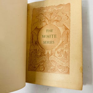 May include: Open book with a sepia-toned page featuring the title "THE WHITE SERIES" in a decorative oval. The text is surrounded by ornate floral and scrollwork designs. The publisher's name, "THE FM LUPTON PUBLISHING CO," is also visible.