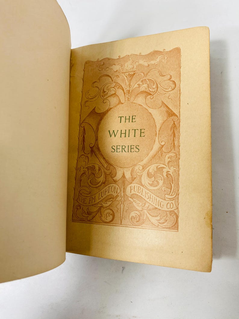 May include: Open book with a sepia-toned page featuring the title "THE WHITE SERIES" in a decorative oval. The text is surrounded by ornate floral and scrollwork designs. The publisher's name, "THE FM LUPTON PUBLISHING CO," is also visible.