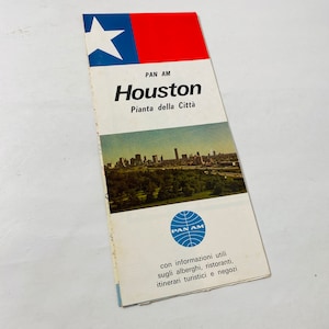 Vintage Pan Am Airways Houston Texas Pianta della città Folleto de avión de pasajeros alrededor de 1952 escrito en italiano